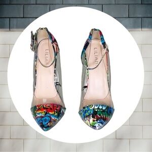 Liliana Multicolor Shiny Ankle Strap Stilettos w Plastic Foot Layer Women Sz 10